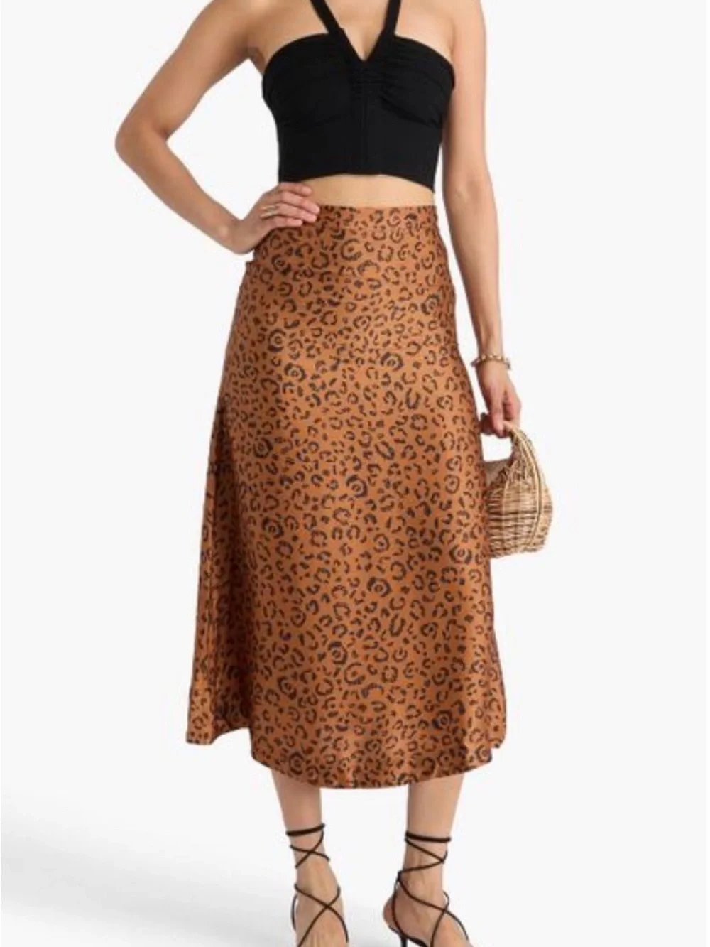 FARM Rio Brown Leopard Satin Midi Skirt